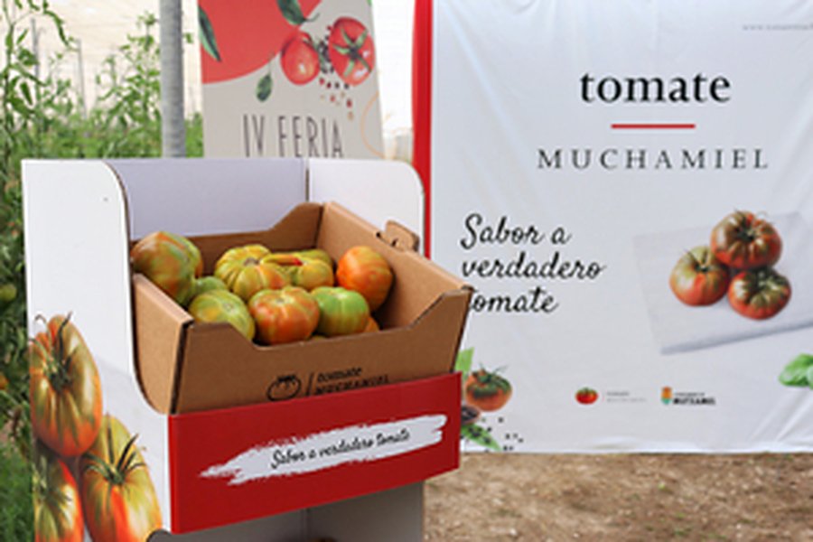 Caja de tomates Muchamiel en la feria, con el cartel «Tomate Muchamiel, sabor a verdadero tomate»